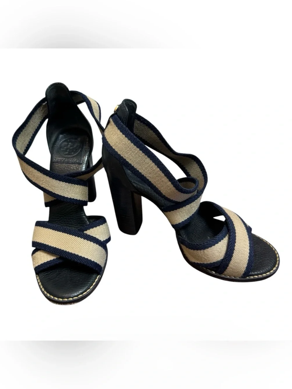 Tory Burch Laurie Criss Cross Block Heel Sandals Navy Size 6 Orig $340